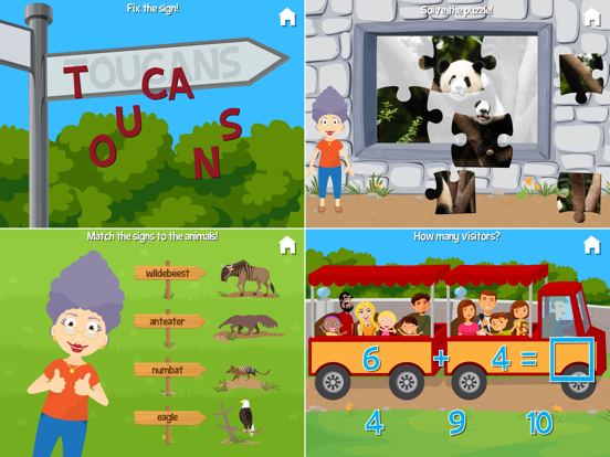 Zoo scenes show spelling a toucan sign, an animal jigsaw, feeding penguins, and tram passengers.