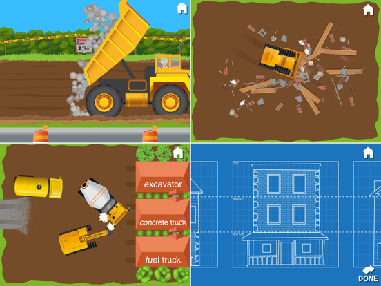 Building scenes show a dump truck, demolition, choosing equipment, and a house blueprint.