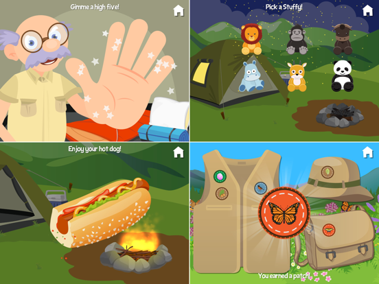 Camping scenes show a high five, choosing a bedtime toy, eating a hot dog, and selecting hiking gear.