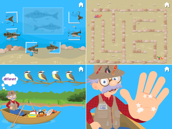 Fishing scenes show a fish puzzle, crab maze, bird differences, and a high five with Grandpa.
