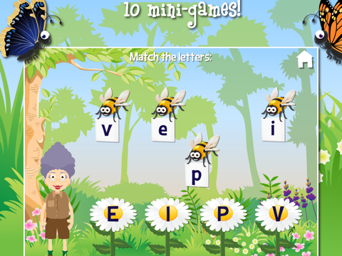 Bees carrying lowercase letters hover above flowers marked with uppercase letters.
