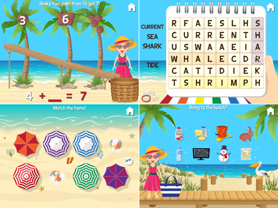 Beach scenes show coconut addition, an ocean word search, umbrella matching, and tide-pool creatures.