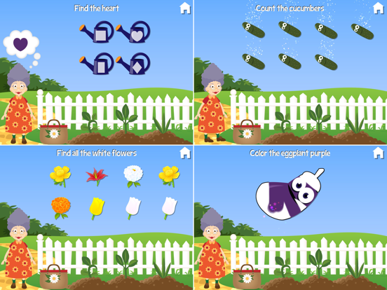 Four Garden activities show shapes, counting vegetables, choosing yellow flowers, and revealing an eggplant.