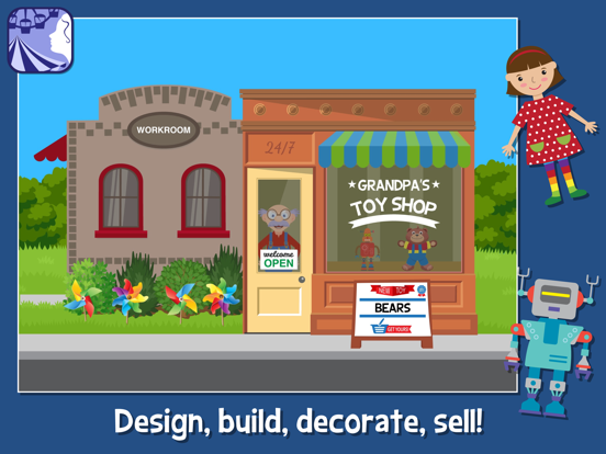 The outside of Grandpa's Toy Shop with its display window, banners, flowers, and toy signs.