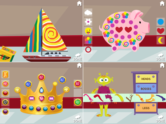 Toy-design scenes show a sailboat, a decorated piggy bank, a jeweled crown, and an assembled alien.