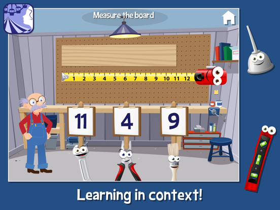 A ruler measures a board while Grandpa offers numbered answer cards.
