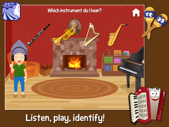 Grandma asks which instrument is heard, with a trombone, trumpet, harp, and saxophone as choices.