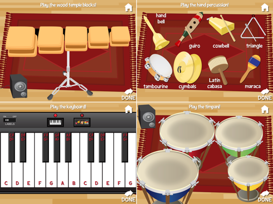 Interactive music scenes show temple blocks, hand percussion, a labeled keyboard, and timpani.