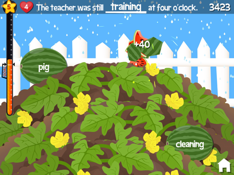 Verb Garden shows a sentence and word choices among watermelons.